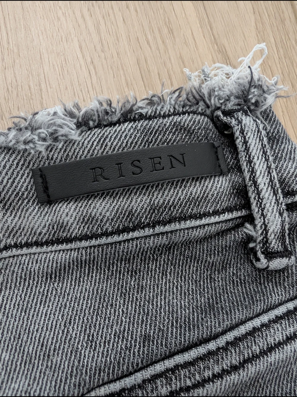 RISEN High Rise Distressed Gray Jeans Frayed Waist Raw Hem Size 29